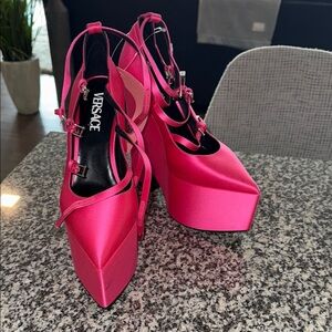Versace Women's Pink Satin Platform Heels